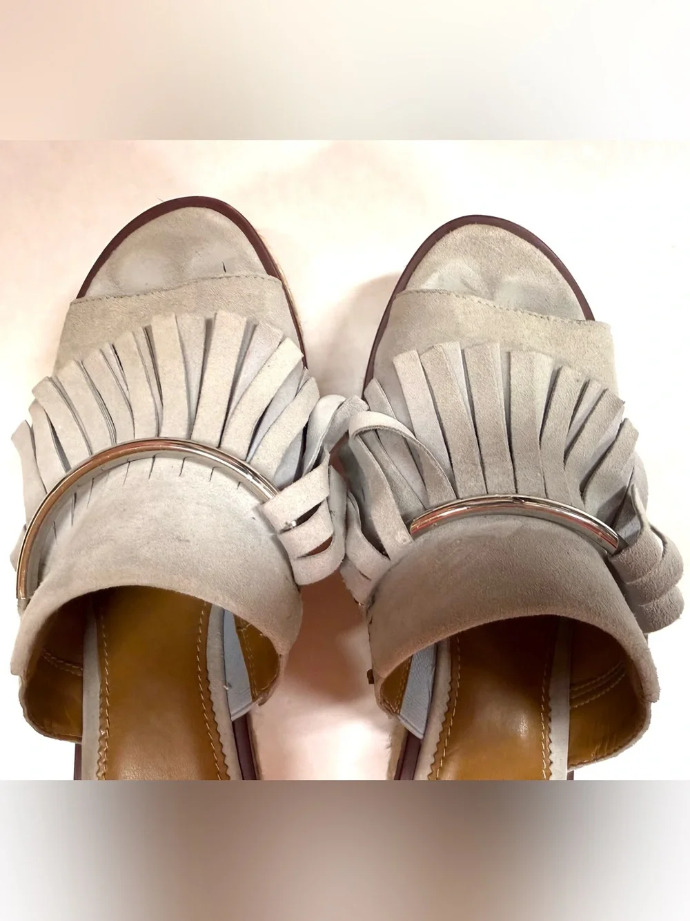 Franco Sarto Light Gray Suede Fringe Espadrille Wedge Mules size 8